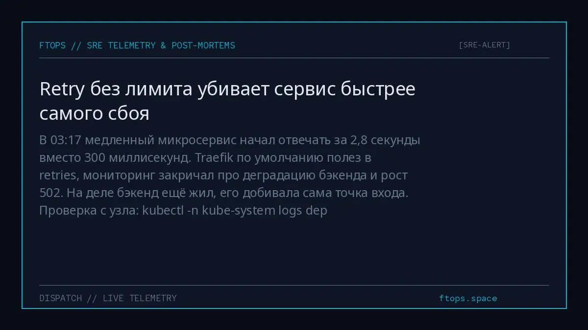 В 03:17 медленный микросервис начал отвечать за 2,8 секунды вместо 300 миллисекунд. Traefik по умолчанию полез в retries, мониторинг закричал про деградацию бэкенда и рост 502 | Сетка — социальная сеть от hh.ru