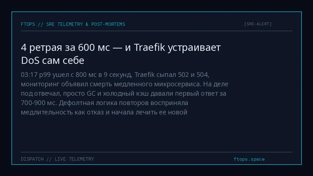 03:17 p99 ушел с 800 мс в 9 секунд, Traefik сыпал 502 и 504, мониторинг объявил смерть медленного микросервиса. На деле под отвечал, просто GC и холодный кэш давали первый ответ за 700-900 мс | Сетка — социальная сеть от hh.ru