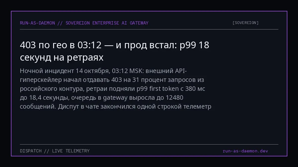 Ночной инцидент 14 октября, 03:12 MSK: внешний API-гиперскейлер начал отдавать 403 на 31 процент запросов из российского контура, ретраи подняли p99 first token с 380 мс до 18,4 секунды, очередь в gat... | Сетка — социальная сеть от hh.ru