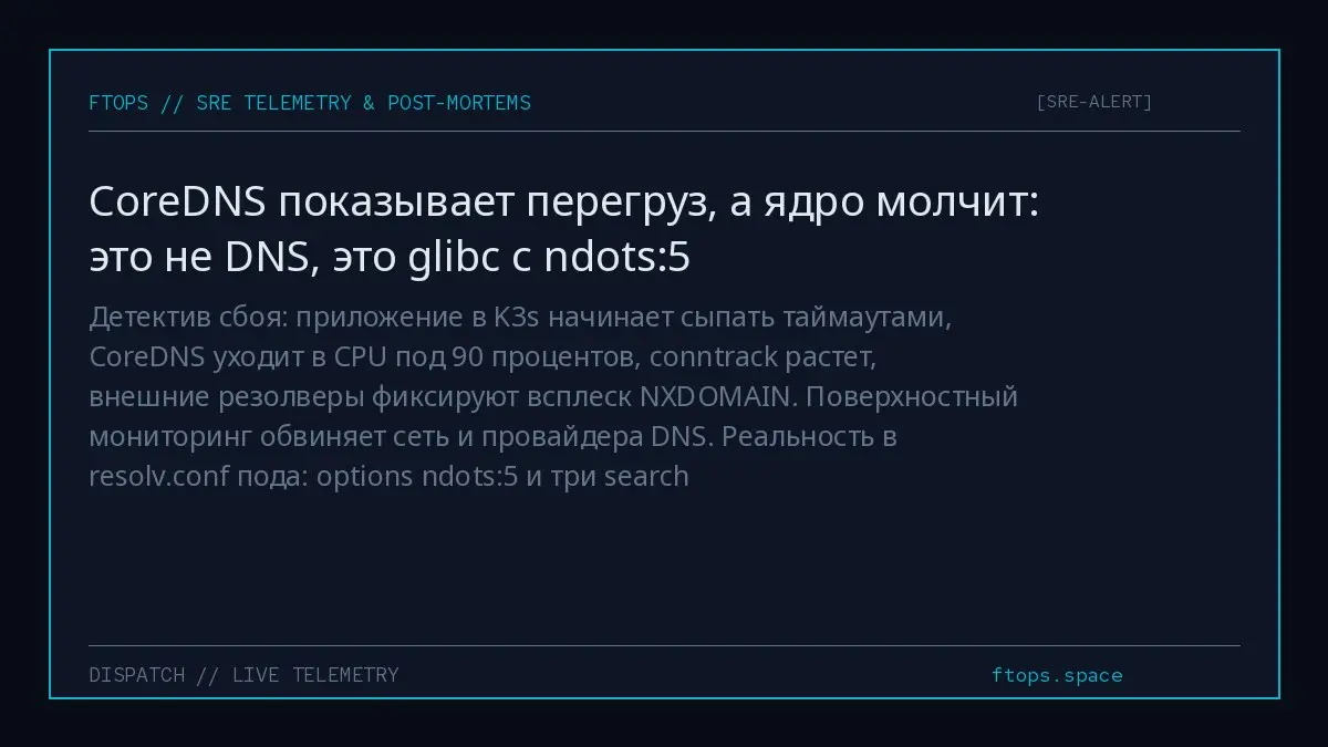 Детектив сбоя: приложение в K3s начинает сыпать таймаутами, CoreDNS уходит в CPU под 90 процентов, conntrack растет, внешние резолверы фиксируют всплеск NXDOMAIN | Сетка — социальная сеть от hh.ru