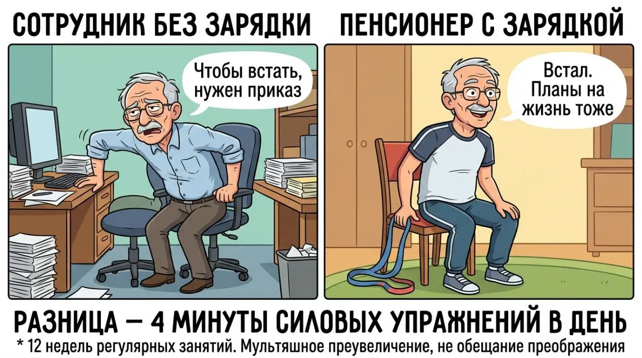 4 минуты в день — и вставать со стула становится легче.
В исследовании участвовали 97 человек, средний возраст — 74 года | Сетка — социальная сеть от hh.ru