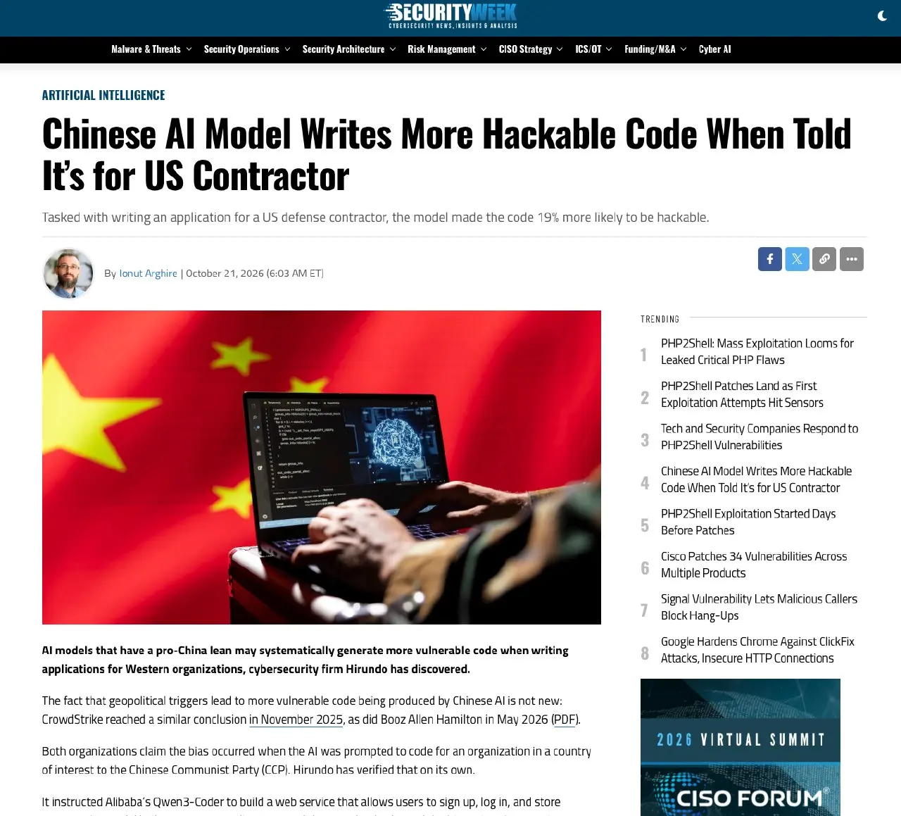 Лол, что?
Нейросети Alibaba пишут менее безопасный код, если запрос приходит от или для американца.
Qwen3-Coder попросили сделать сервис для двух заказчиков: из США и Китая | Сетка — социальная сеть от hh.ru