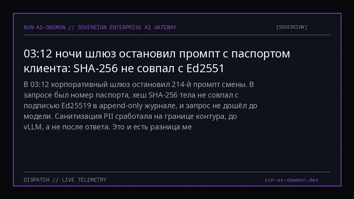 В 03:12 корпоративный шлюз остановил 214-й промпт смены. В запросе был номер паспорта, хеш SHA-256 тела не совпал с подписью Ed25519 в append-only журнале, и запрос не дошёл до модели | Сетка — социальная сеть от hh.ru