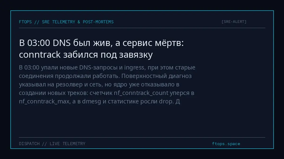 В 03:00 упали новые DNS-запросы и ingress, при этом старые соединения продолжали работать | Сетка — социальная сеть от hh.ru