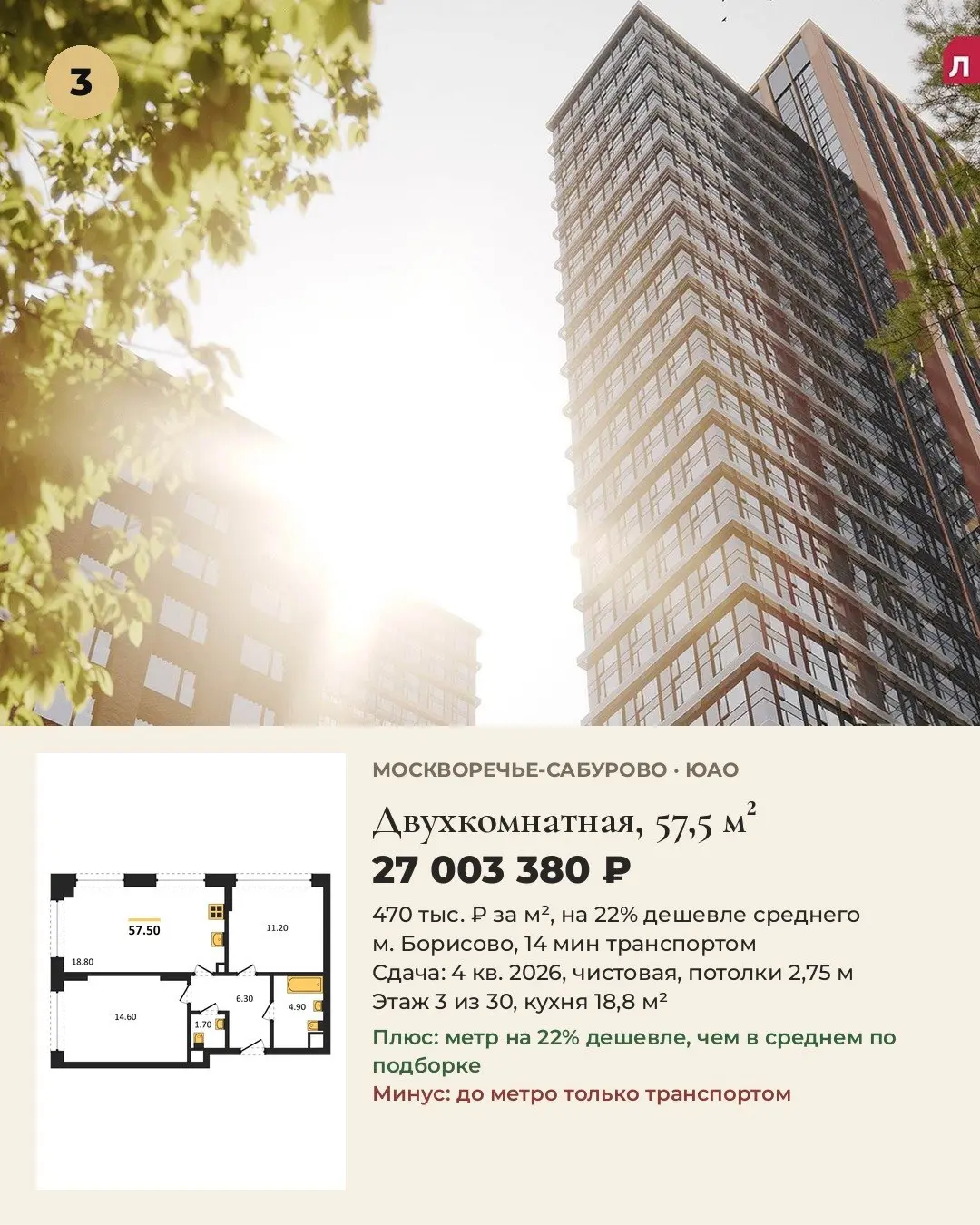 5 лучших квартир от 45 м² в бизнес-классе в ЮАО. Цены на 24.10.
Выбирали для жизни: цена за м², путь до метро, срок сдачи, отделка, потолки.
1 | Сетка — социальная сеть от hh.ru