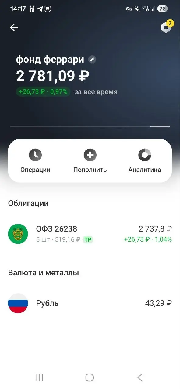 Фонд «Феррари» продолжаем пополнять!
Сегодня воскресенье, а значит, у нас с Тимуром очередное пополнение брокерского счёта.
Купили облигацию ОФЗ 26238 | Сетка — социальная сеть от hh.ru