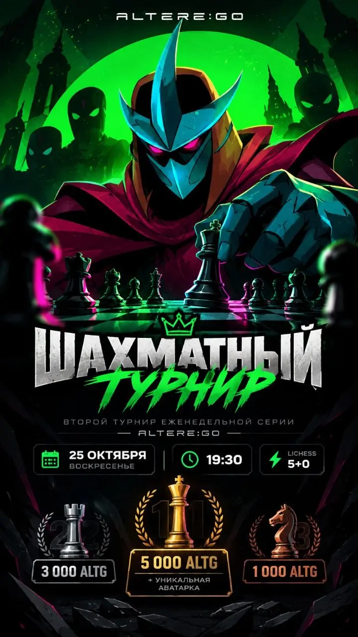 ВТОРОЙ ТУРНИР ЕЖЕНЕДЕЛЬНОЙ СЕРИИ ALTERE:GO ️
Воскресенье, 25 октября | 19:30
Формат: Lichess 5+0
1 место — 5 000 ALTG + уникальная аватарка
2 место — 3 000 ALTG
3 место — 1 000 ALTG
Каждое воскресенье... | Сетка — социальная сеть от hh.ru