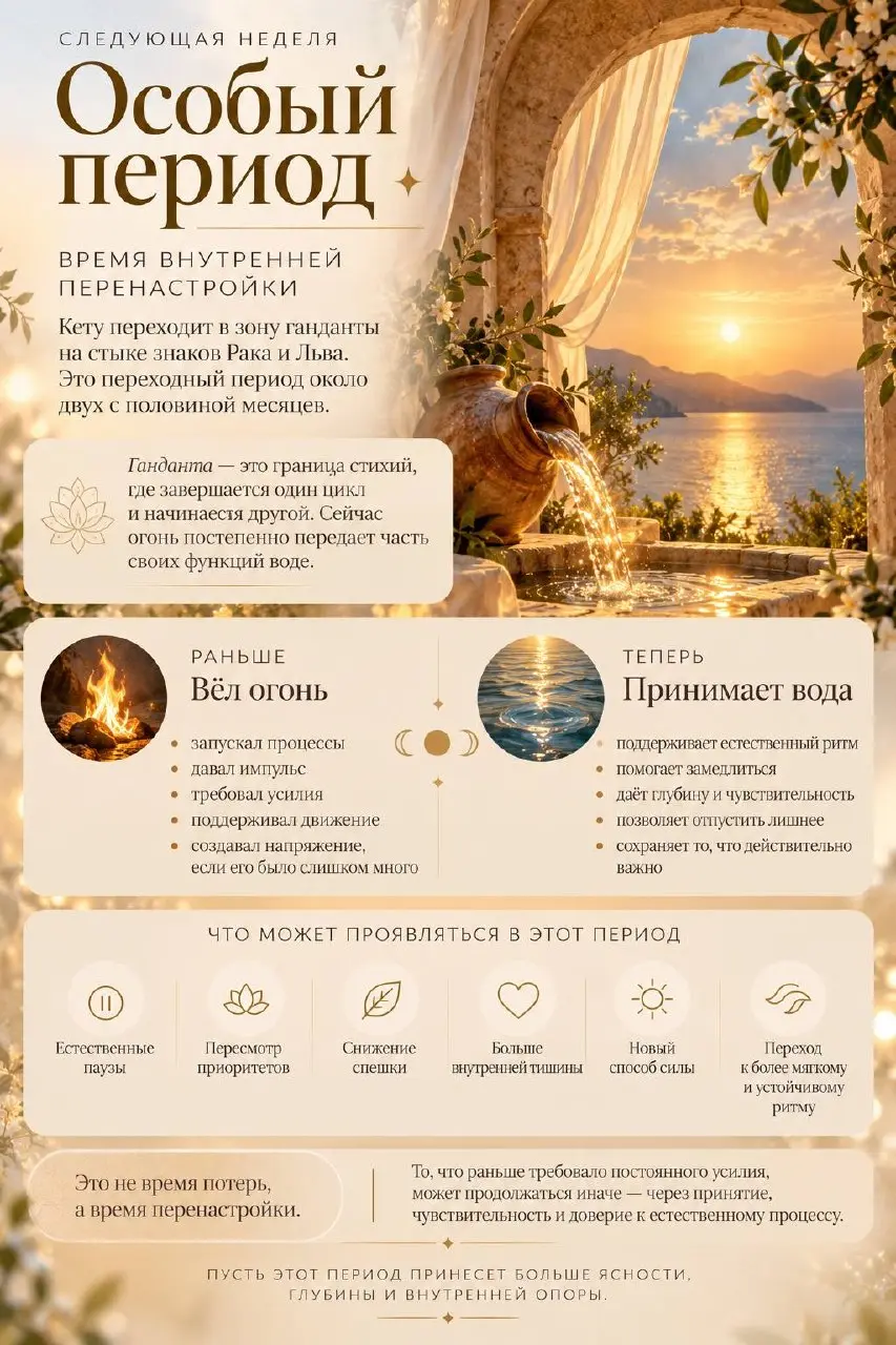 ✨ Когда огонь передаёт свои функции воде, образно говоря.
Со следующей недели предлагаю обратить внимание на интересный переход — ганданту Кету на границе Льва и Рака | Сетка — социальная сеть от hh.ru
