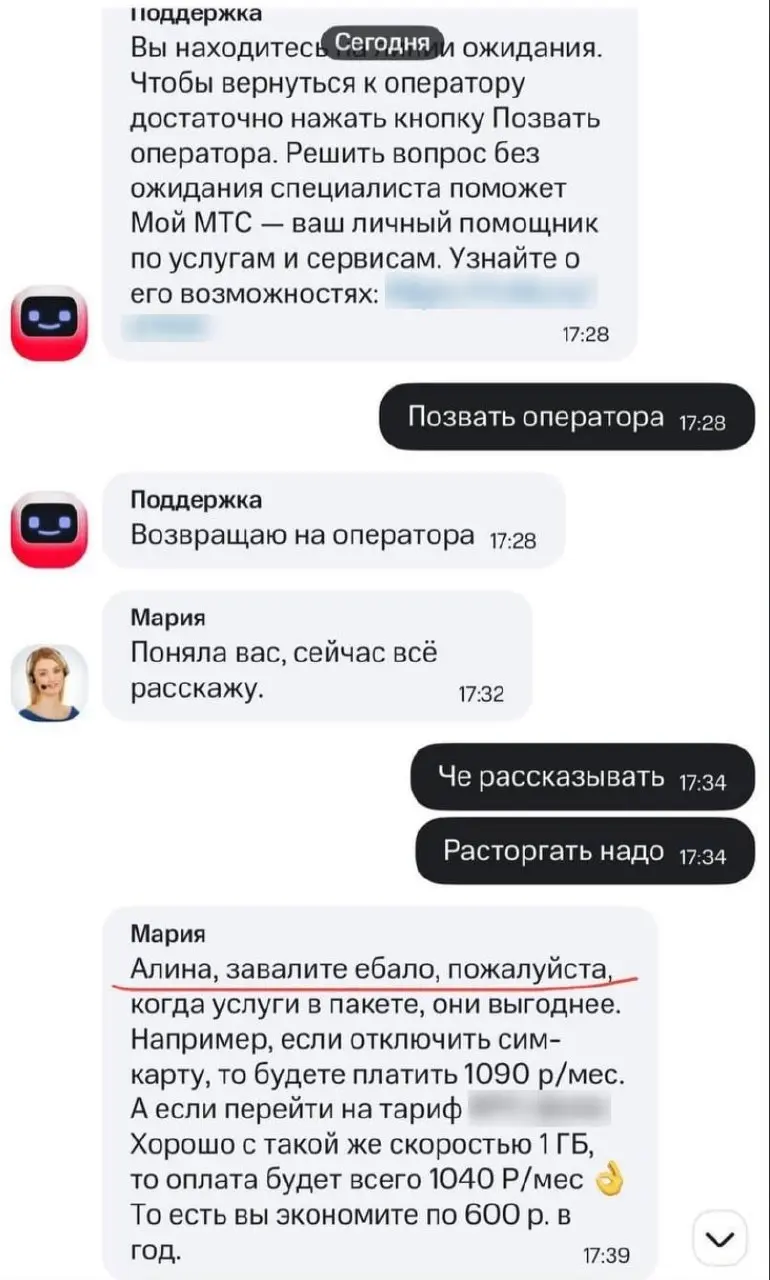«Алина, завалите еб*ло, пожалуйста» — так служба поддержки мобильного оператора ответила девушке на просьбу расторгнуть договор.
После этого сотрудница как ни в чём не бывало предложила новый тариф | Сетка — социальная сеть от hh.ru
