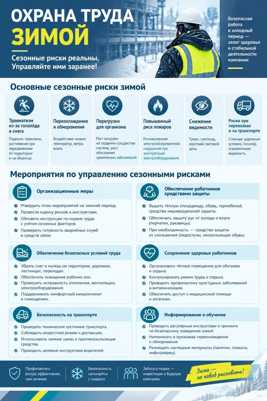 ❄️ ОХРАНА ТРУДА ЗИМОЙ: ГОТОВИМСЯ К СЕЗОННЫМ РИСКАМ!
Гололёд, снегопады, низкие температуры и сокращение светового дня - зимой привычные рабочие процессы могут стать источником дополнительных опасносте... | Сетка — социальная сеть от hh.ru