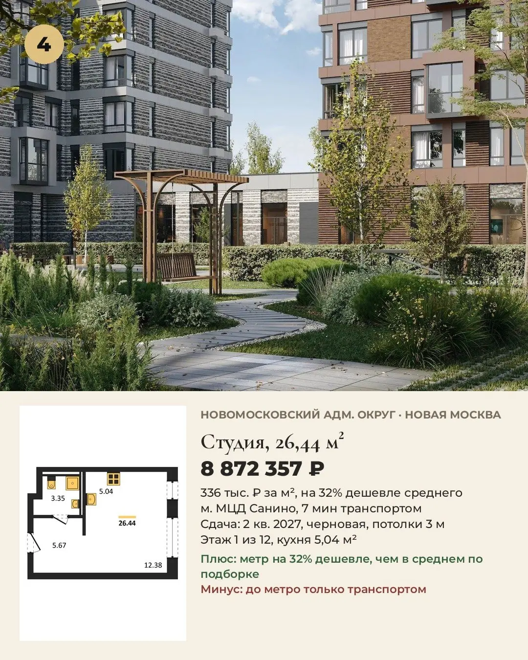 5 лучших студий до 30 м² в Новой Москве. Цены на 26.10.
Выбирали для жизни: цена за м², путь до метро, срок сдачи, отделка, потолки.
1. Троицкий адм. округ · студия, 29,3 м²
12,1 млн ₽ · 414 тыс | Сетка — социальная сеть от hh.ru