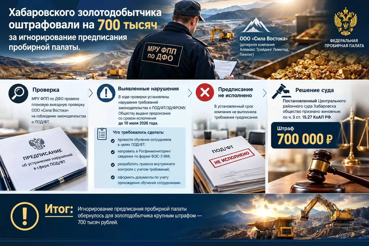 Хабаровского золотодобытчика оштрафовали на 700 тысяч за игнорирование предписания пробирной палаты | Сетка — социальная сеть от hh.ru