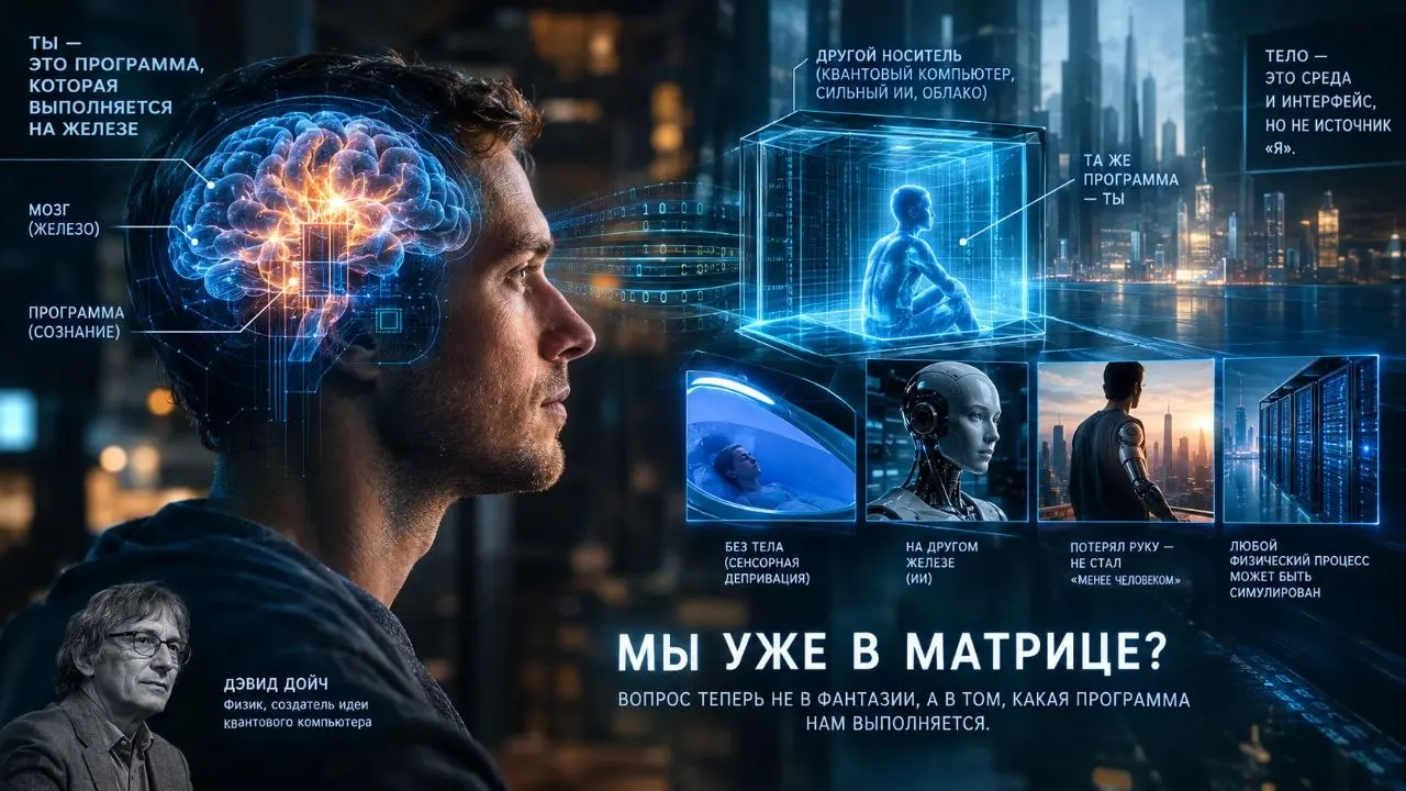 Можем ли мы уже быть в матрице?
Не в смысле «зелёных цифр по экрану», а в строгом смысле: если «я» — это не мозг, а программа, которая на нём выполняется, то вопрос о матрице перестаёт быть чистой фан... | Сетка — социальная сеть от hh.ru