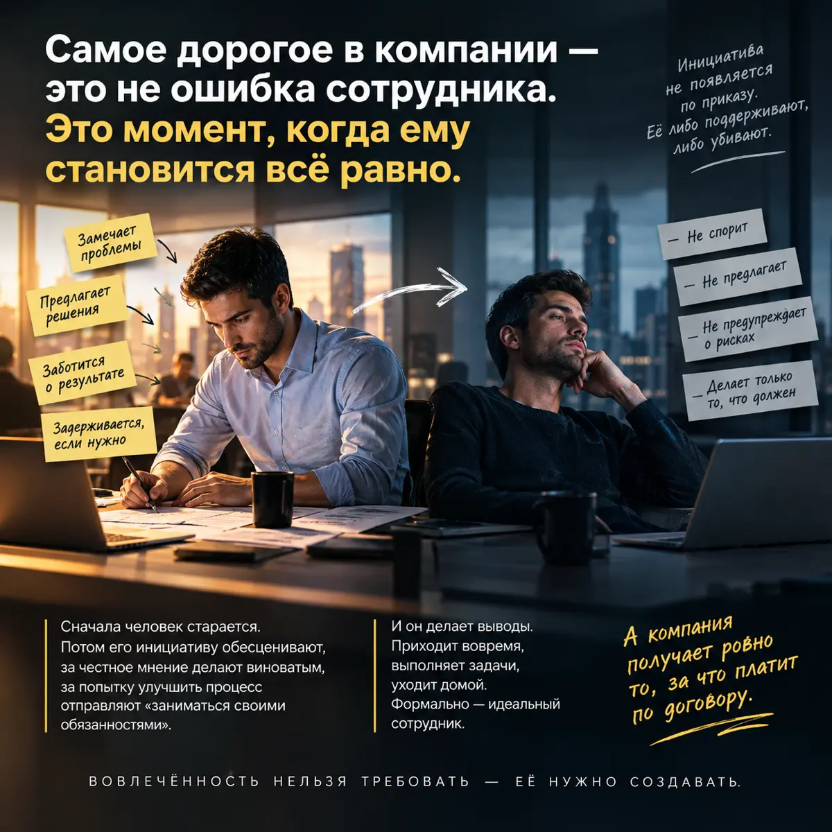 Самое дорогое в компании — это не ошибка сотрудника. Это момент, когда ему становится всё равно.
Сначала человек старается | Сетка — социальная сеть от hh.ru