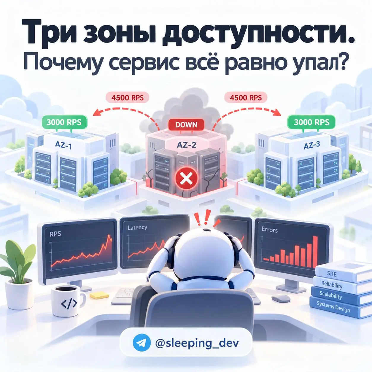 Три зоны доступности. Почему сервис всё равно упал?
Один из стандартных способов повысить отказоустойчивость — распределить инфраструктуру между несколькими Availability Zones | Сетка — социальная сеть от hh.ru