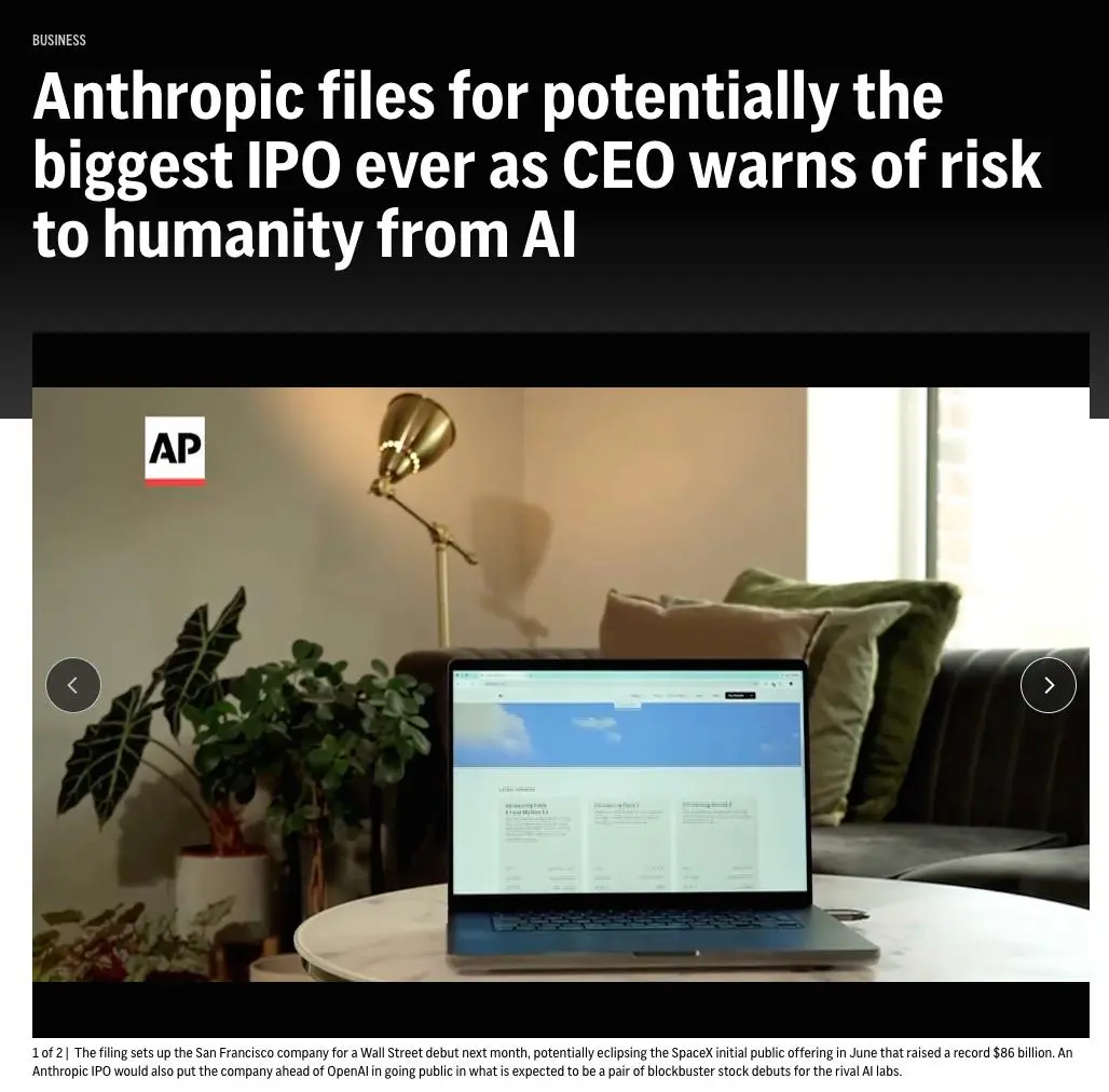 Anthropic готовит самое крупное IPO в истории, одновременно предупреждая об угрозе человечеству.
Компания официально подала документы для выхода на биржу Nasdaq | Сетка — социальная сеть от hh.ru