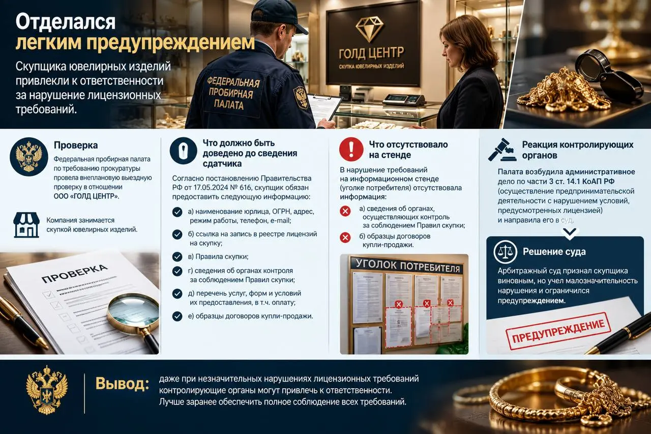 Отделался легким предупреждением
Федеральная Пробирная Палата по требованию прокуратуры провела внеплановую выездную проверку в рамках федерального государственного пробирного надзора в отношении ООО ... | Сетка — социальная сеть от hh.ru