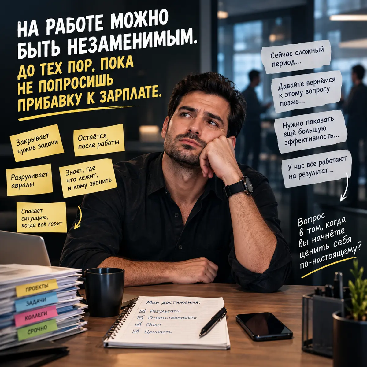 На работе можно быть незаменимым. До тех пор, пока не попросишь прибавку к зарплате.
Знакомая история?
Человек годами закрывает чужие задачи.
Остаётся после работы.
Разруливает авралы | Сетка — социальная сеть от hh.ru