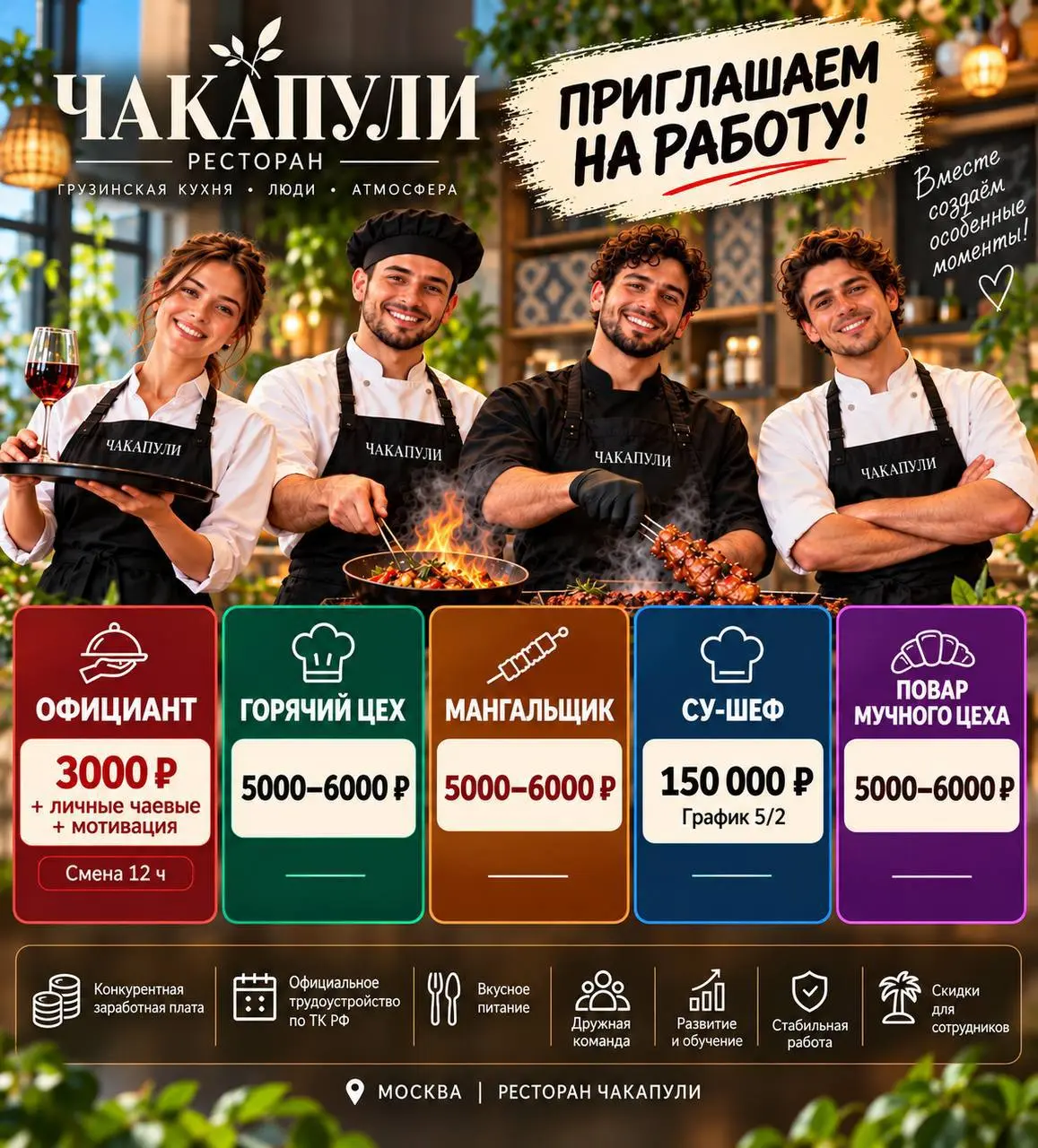 1️⃣ОФИЦИАНТ,
2️⃣ГОРЯЧИЙ ЦЕХ,
3️⃣МАНГАЛЩИК,
4️⃣СУ-ШЕФ,
5️⃣ПОВАР МУЧНОГО ЦЕХА
Ресторан Чакапули
• Москва
• Рестораны/Кафе
• +79685614174
Полное описание вакансии размещено в Телеграм и Макс | Сетка — социальная сеть от hh.ru
