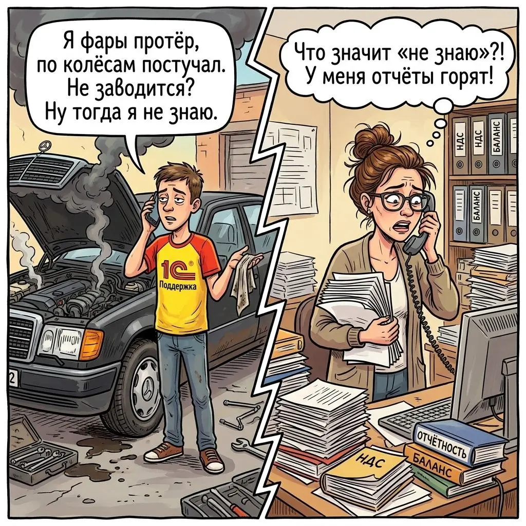 😂 ТЕХПОДДЕРЖКА 1С:ФРЕШ. ИСТОРИЯ ОДНОГО ДНЯ
Сегодня общение с техподдержкой 1С:Фреш напомнило мне анекдот из детства. И ведь не первый раз! 🤦‍♀️
🚘 Стоит навороченный «Мерседес». Не заводится | Сетка — социальная сеть от hh.ru