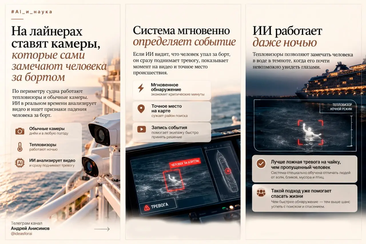 🚢 На лайнерах ставят камеры, которые сами замечают человека за бортом
Раньше пропажу человека с судна замечали в среднем через 12 часов, что фатально для человека в холодном открытом океане.. | Сетка — социальная сеть от hh.ru