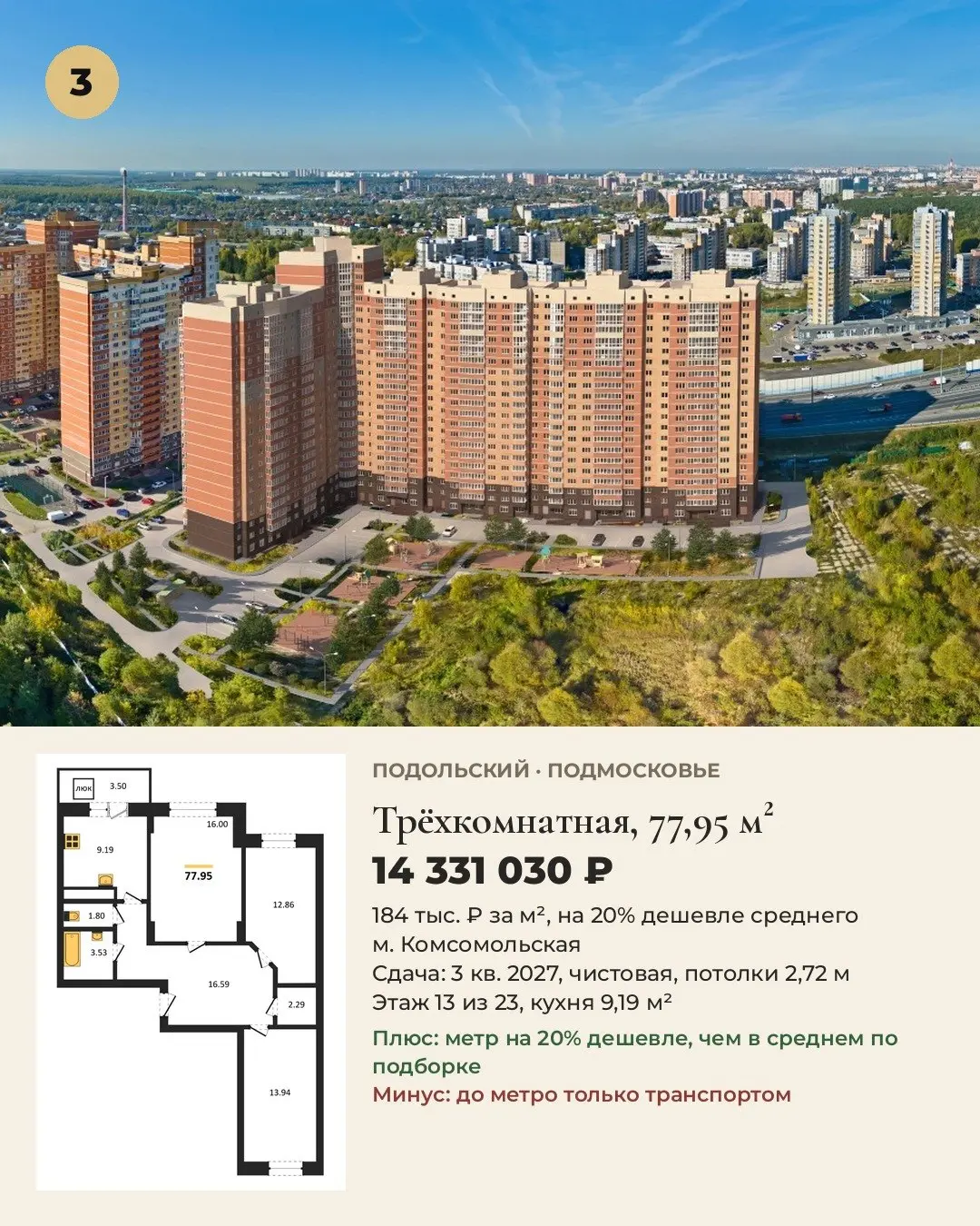 5 лучших семейных квартир 65-90 м² в Подмосковье. Цены на 29.10.
Выбирали для жизни: цена за м², путь до метро, срок сдачи, отделка, потолки.
1 | Сетка — социальная сеть от hh.ru