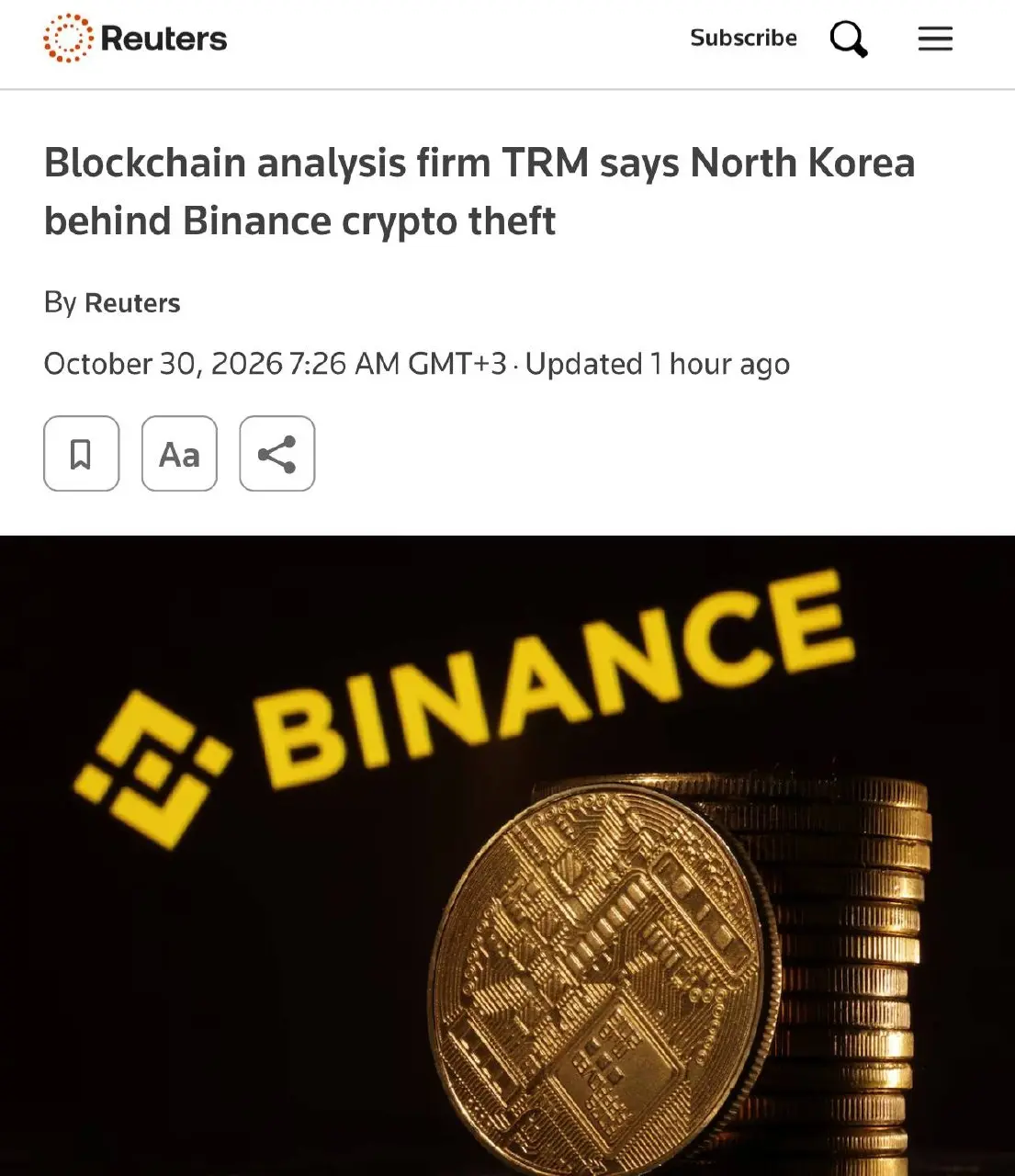 Binance взломали хакеры из КНДР, пишет Reuters. Специалисты по отслеживанию криптовалютных транзакций связывают атаку с северокорейской группировкой Lazarus | Сетка — социальная сеть от hh.ru