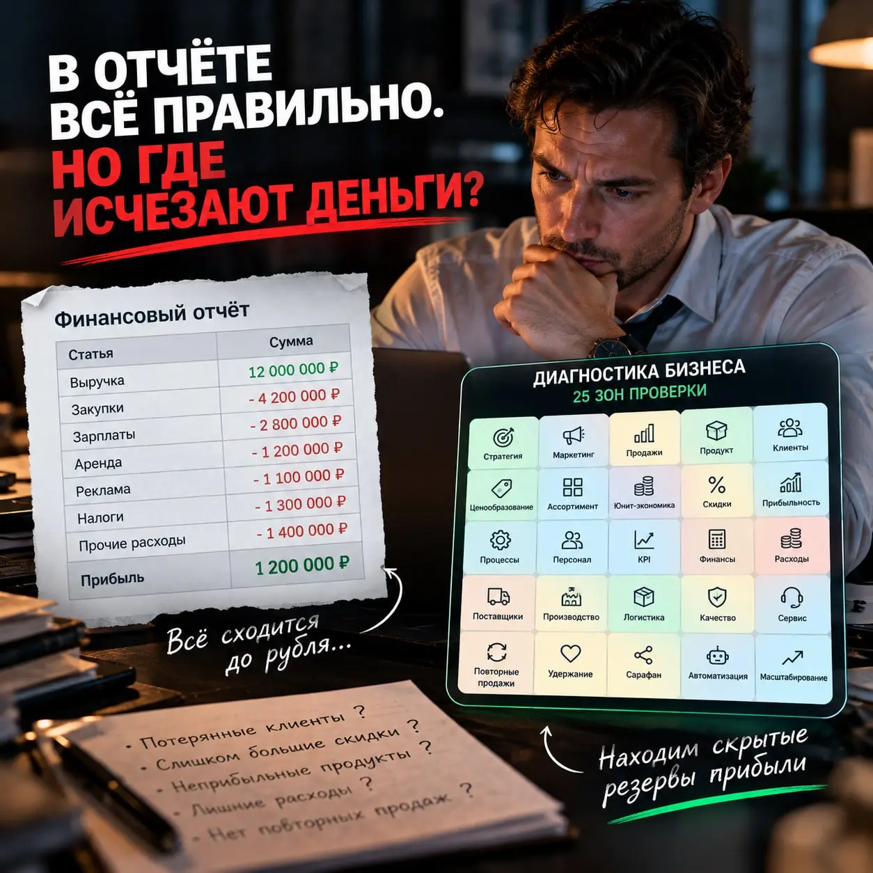 В отчёте всё правильно. Но где исчезают деньги?
Алексей вызвал бухгалтера.
«Покажи, на чём мы теряем прибыль».
Бухгалтер открыла отчёт.
Зарплаты. Аренда. Реклама. Закупки. Налоги | Сетка — социальная сеть от hh.ru